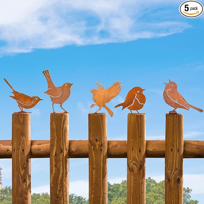 5PCS Rusty Metal Birds Decorations - Handmade Yard Art & Garden Sculptures, Rustic Metal Garden Decor for Outdoor Fences, Patio, and Bird Lovers