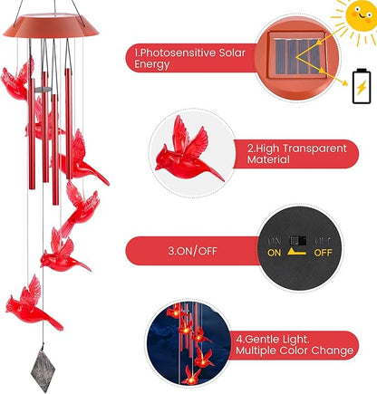 Cardinal Solar Wind Chimes,Red Bird Chimes for Outside Garden Decor, Garden Gifts Women Birthday/Thanksgiving/Christmas, for Mom/Grandma/Daughter
