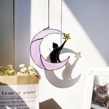 HDCRYSTALGIFTS 6.5'' Black Cat Decor on Purple Moon Stained Glass Window Hanging Suncatcher,Wall Art Glass Window Panel Sun Catcher,Halloween Decoration Memorial Gift for Lover Cat Loss