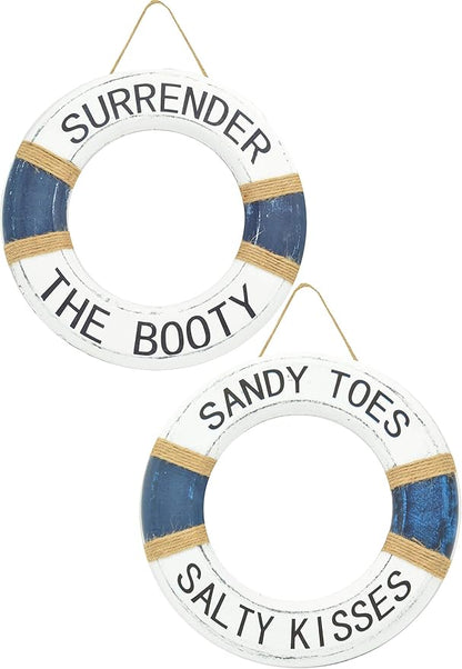Hand Carved Lifesaver Rings Decor - Surrender the Booty and Sandy Toes, Salty Kisses Design - Nautical Beach Décor - Pool Safety Equipment - Outdoor Sign, Pool and Boat Decoration