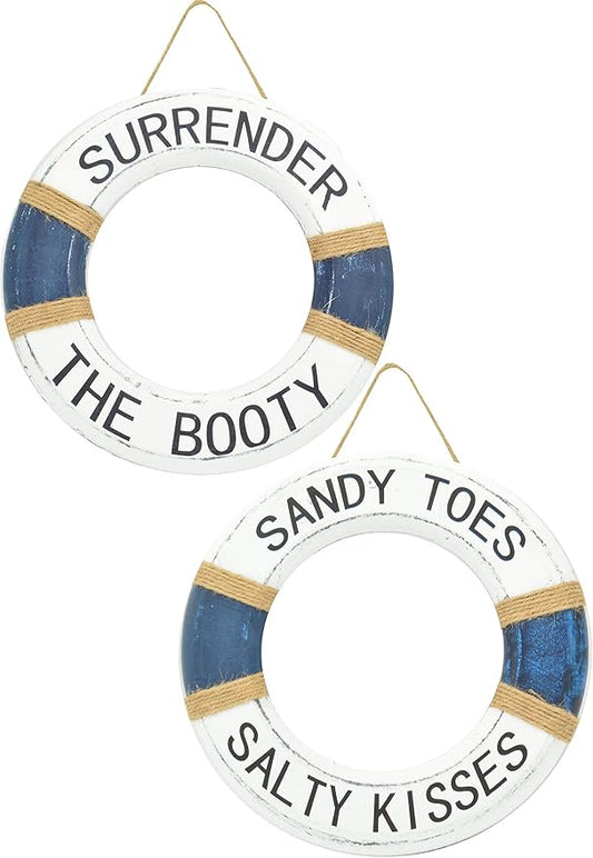 Hand Carved Lifesaver Rings Decor - Surrender the Booty and Sandy Toes, Salty Kisses Design - Nautical Beach Décor - Pool Safety Equipment - Outdoor Sign, Pool and Boat Decoration