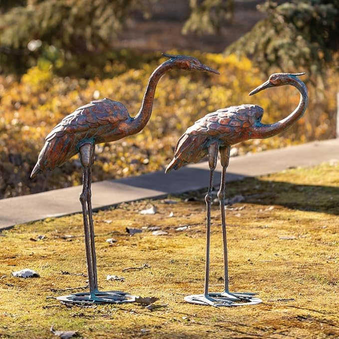Metal Crane Garden Statues for Outdoor, Stainless Steel Antique Patina Standing Blue Heron Decoy, Large Sandhill Cranes Sculptures for Yard and Garden, Bird Yard Art for Patio Lawn Backyard Pond