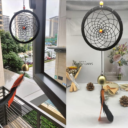 Dreamcatcher Indian Round Net Wind Chimes, Creative Black and Orange Feather Chimes for Balcony, Study, Bedroom Hanging Decoration