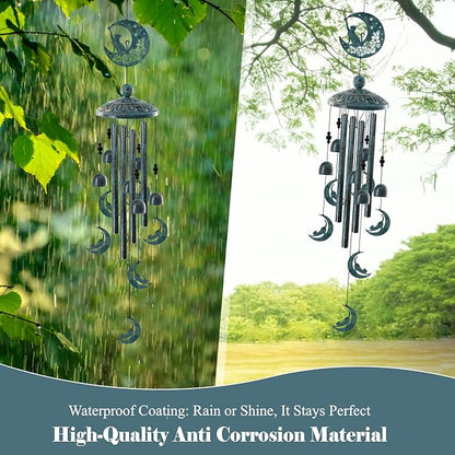 Cat on the Moon Wind Chimes for Outside - 35" Large Metal Windchime with 6 Cat Charms & 4 Tuned Aluminum Tubes - Memorial Pet Sympathy Gift, Verdigris Bronze Garden Decor for Yard, Porch, Patio