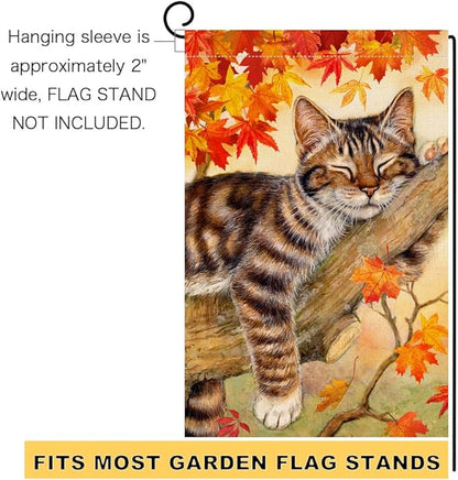 BLKWHT Fall Cat Garden Flag 12x18 Vertical Double Sided Autumn Leaves Thanksgiving Holiday Outside Decorations Burlap Yard Flag BW699