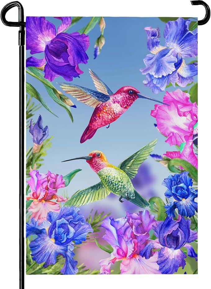 Hummingbirds Garden Flag Double Sided Blue and Red Iris Yard Flag Flowers Floral Birds Leaves Garden Flags Banner for Spring Summer Farmhouse Home Outdoor Decor 12 x 18 Inch