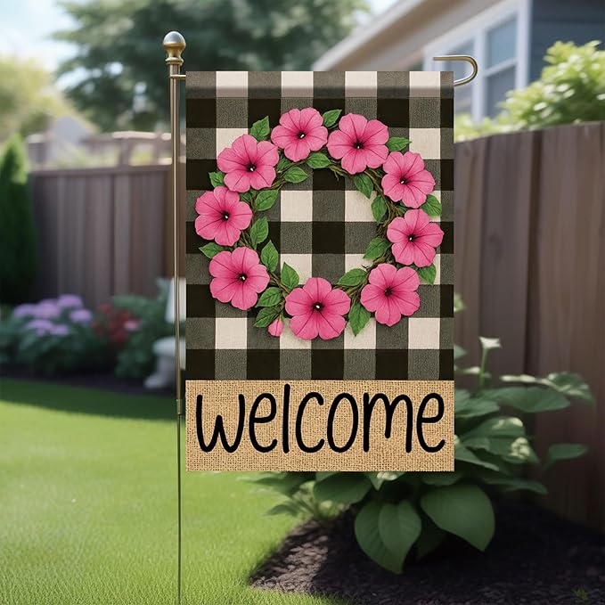 Buffalo Plaid Welcome Wreath Garden Flag Pink Petunia Flower Flag 12×18 Inch Double Sided Spring Outdoor Decor Welcome for Porch Patio Lawn Yard Farmhouse Seasonal Outside