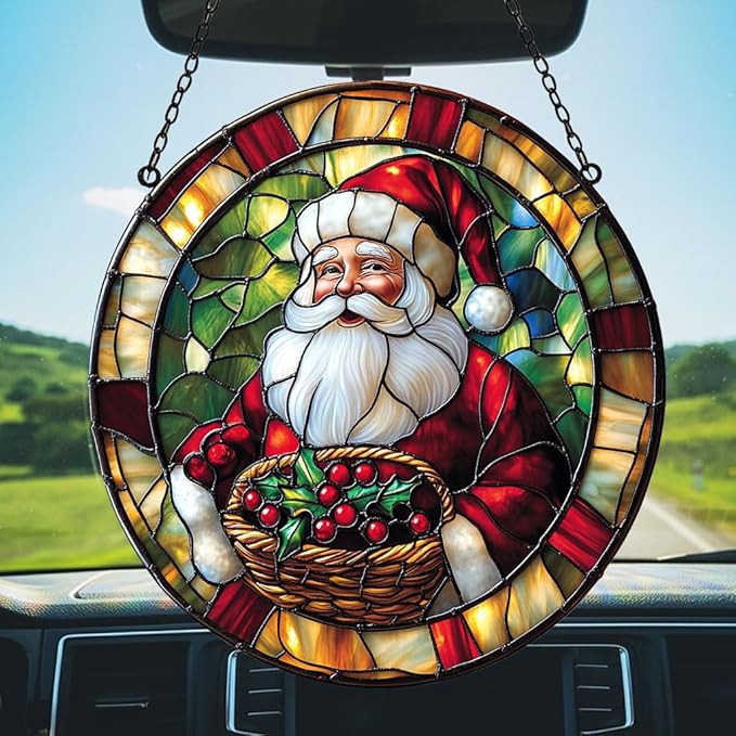 Santa Claus Acrylic Suncatcher Stained Glass Effect Window Car Hanging Christmas Ornament Indoor Outdoor Decor Garden Sun Catcher Panel for Christmas Lover for Women Mom Grandma