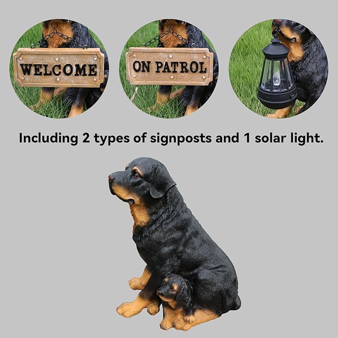 Rottweiler Mother-and-Pup Family Welcome with Solar Lantern and Double-Sided Sign, Sitting Duo Statue for Porch Bench, Garden Path & Entry