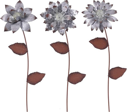 Floral Garden Stake Glow in Dark Outdoor Plant Pick Cute Metal Flower Stick Art Ornament Decorate for Lawn Yard Patio,3 Set