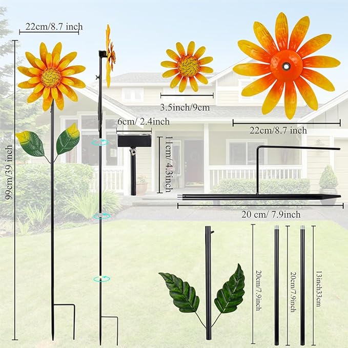 Solar Sunflower Wind Spinners Outdoor 2 Pack,Flower Windmill for Yard Art Decor,Pinwheels for Spring Outdoor Garden Lawn Patio Decor