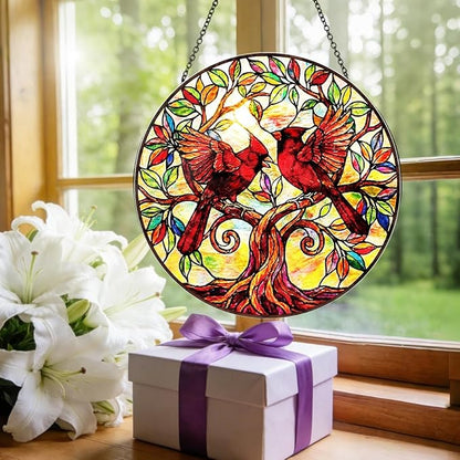 Cardinal Bird Stained Glass Window Hanging – Round Tree Branch Suncatcher with Chain, Colorful Glass Ornament for Living Room Home Garden Decor Gift, 8 Inch