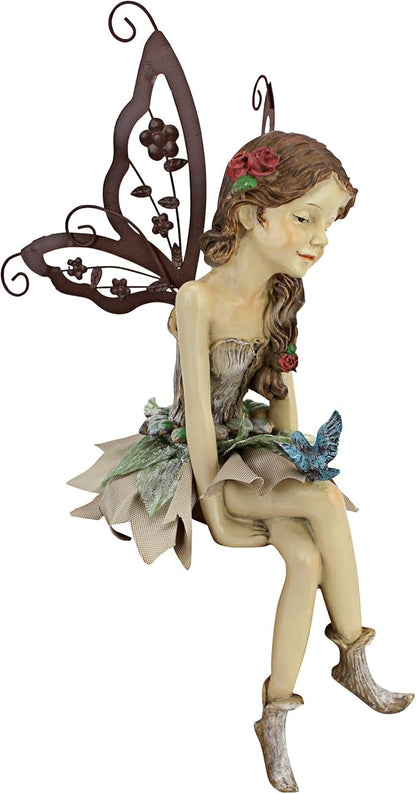 Design Toscano Fannie the Garden Fairy Indoor/Outdoor Shelf Sitting Statue, 12 Inch Tall, Cast Stone Resin, Full Color Finish