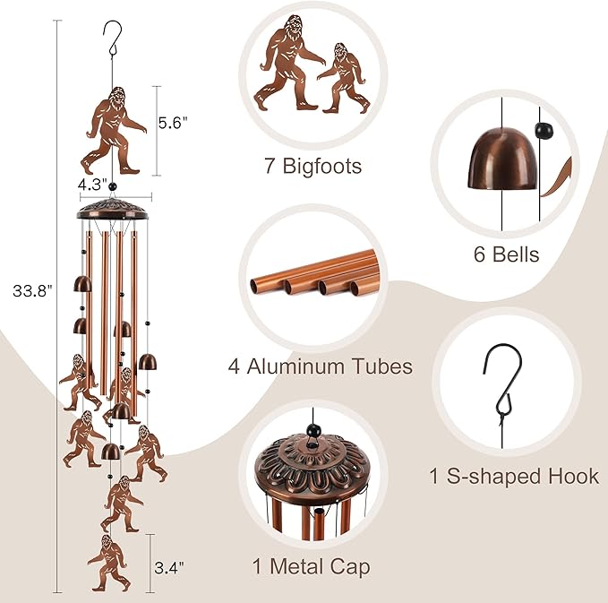 Large Wind Chimes for Outside, Bigfoot Sasquatch Metal Wind Chime with 4 Aluminum Tubes, Deep Tone Outdoor Windchime for Patio Garden Yard, Unique Gift for Men Women