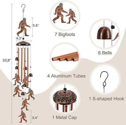 Large Wind Chimes for Outside, Bigfoot Sasquatch Metal Wind Chime with 4 Aluminum Tubes, Deep Tone Outdoor Windchime for Patio Garden Yard, Unique Gift for Men Women