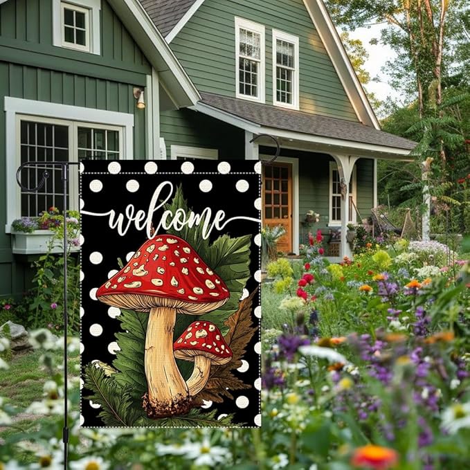 Welcome Spring Summer Garden Flag Polka Dots mushrooms Garen Flags 12x18 inch Double Sided Vertical Burlap Outdoor Lawn Patio Rustic Farmhouse Decor