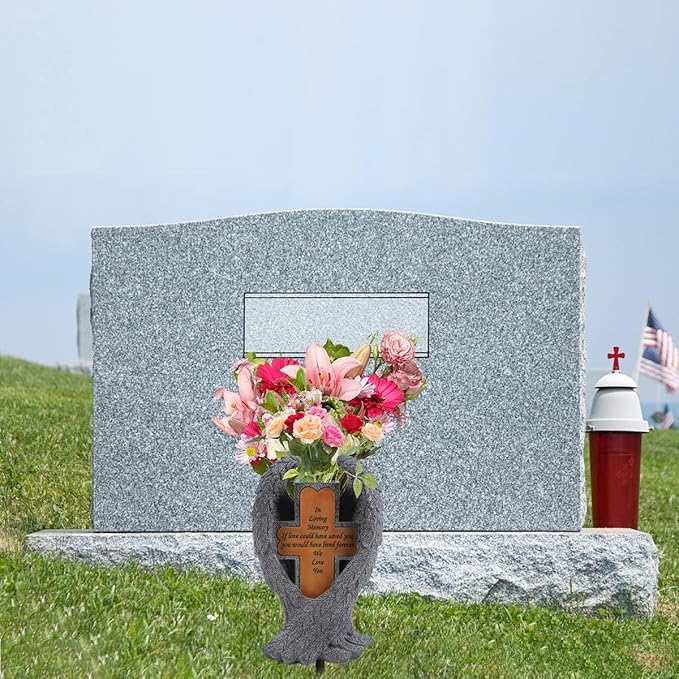 Angel Wings and Cross Solar Light CemeteryDecorations, Cemetery Decorations,Garden Solar Vase Decorations,Gift for Lost Lovers Ones (Grey)