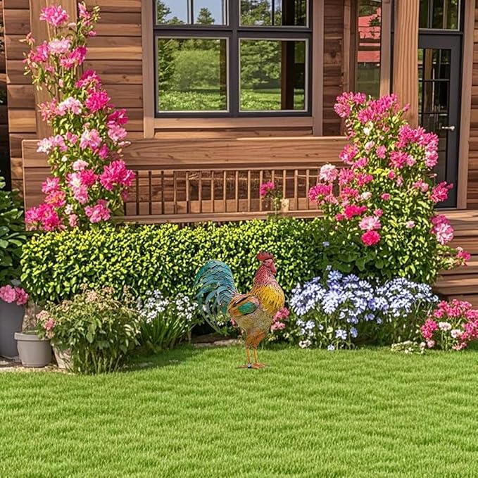 Rooster Garden Statue,12 in 2D Graphic Design Metal Rooster Decor Garden Statue with Stakes,Standing Small Metal Chicken Yard Decor Figurines,Patio Backyard Lawn Home Chicken Sculpture(Not 3D)