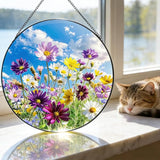 Wildflowers Stained Glass Suncatcher, Floral Suncatcher Wall Hanging,Cottagecore Wildflower Sun Catchers Indoor Window Round Glass Wall Art Decor,Gardening & Lawn Care 7.9"