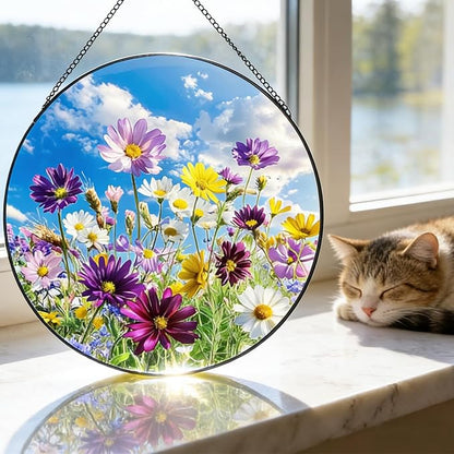 Wildflowers Stained Glass Suncatcher, Floral Suncatcher Wall Hanging,Cottagecore Wildflower Sun Catchers Indoor Window Round Glass Wall Art Decor,Gardening & Lawn Care 7.9"