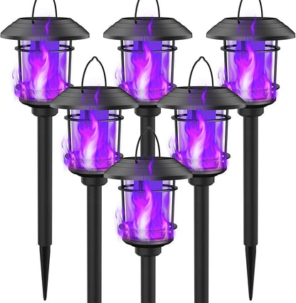 Dynaming 6 Pack Solar Flame Torch Lights Outdoor, Dual Use Flickering Purple Flame Garden Light, Hanging Lantern, Auto On/Off & Waterproof Halloween Lighting for Lawn Patio Yard Walkway Driveway