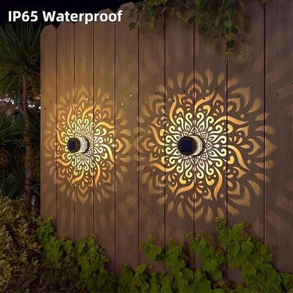 Decorative Solar Mandala Lights, Metal Solar Powered Outdoor Deck Step Wall Lights, Mandala Theme Waterproof Fence Light for Garden Post Patio Backyard Yard Decor (2)