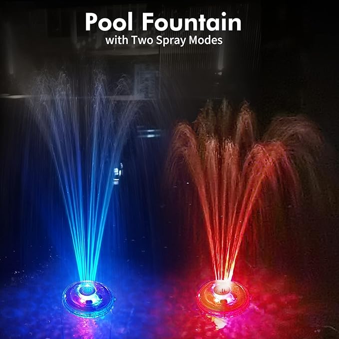 Floating Pool Fountain with Underwater Light Show, Floating Pond Fountain, 2 Spray Modes Waterfall Fountain, Waterproof Sprinkler Fountains for Inground Above Ground Pools