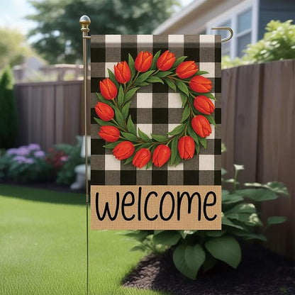 Buffalo Plaid Welcome Wreath Garden Flag 12x 18 Inch Double Sided Tulip Flower Flag Spring Outdoor Fall Autumn Farmhouse Outdoor Small Decor for Porch Lawn Patio Yard