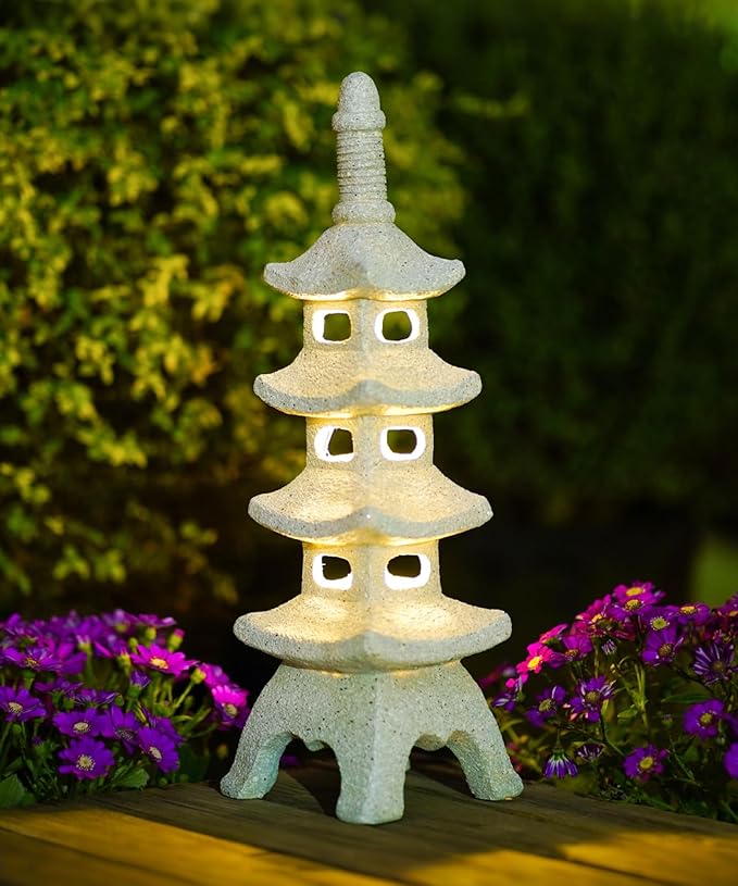 Nacome Solar Pagoda Garden Statues: 15.7 inches Multi-Layer Outdoor Waterproof Resin Zen Decor for Landscape Balcony Patio Porch Yard Ornament(Gray)