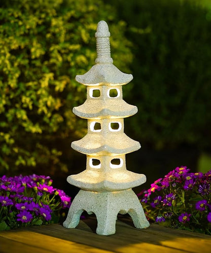 Nacome Solar Pagoda Garden Statues: 15.7 inches Multi-Layer Outdoor Waterproof Resin Zen Decor for Landscape Balcony Patio Porch Yard Ornament(Gray)