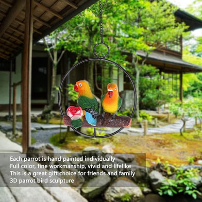 Hanging Parrot Sculpture, Hanging Garden Statue with Iron Ring, Hand Painted 3D Bird Decor for Patio Lawn Courtyard and Sunroom, Weather Resin Parrot Model