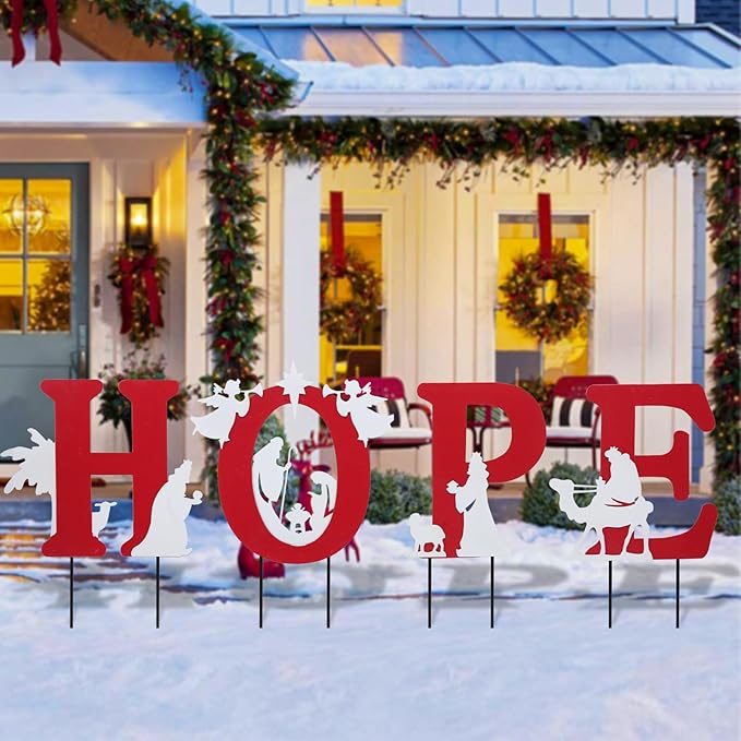 Afirst Christmas Yard Stakes Hope with Nativity Scene Outdoor Decoration Holy Nativity Scene Outdoor Lawn Metal Yard Stakes Outdoor Xmas Stake Lawn Pathway Outdoor Decoration