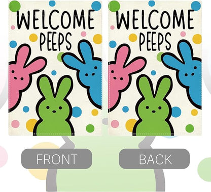 Welcome Peeps Easter Garden Flag Cute Bunny Easter Dot Garden Flag Decor Spring Double Sided House Flag for Outside Yard Decorations 12×18 Inch