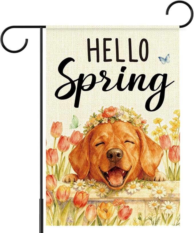 Hello Spring Golden Retriever Dog Garden Flag,Smiling Golden Retriever Spring Garden Flag for Outside Porch Lawn Yard Flags for Outdoor Decorations 12x18 Inch Double Sided