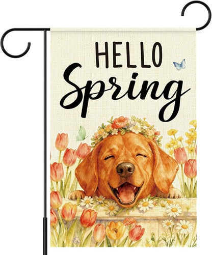 Hello Spring Golden Retriever Dog Garden Flag,Smiling Golden Retriever Spring Garden Flag for Outside Porch Lawn Yard Flags for Outdoor Decorations 12x18 Inch Double Sided