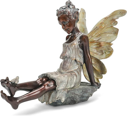 Napco Fairy with Bird Bronze Tone 12.5 x 18 Inch Resin Stone Outdoor Garden Statue