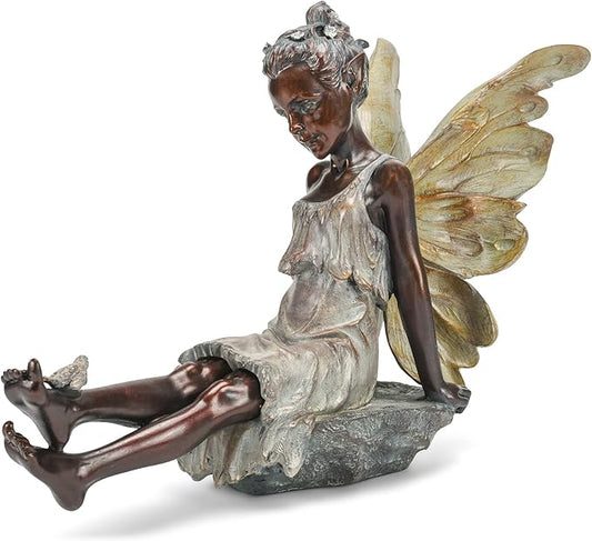 Napco Fairy with Bird Bronze Tone 12.5 x 18 Inch Resin Stone Outdoor Garden Statue