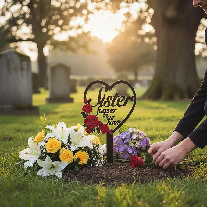 AIM & GGKK Memorial Stake for Sister - Metal Heart Grave Marker with Red Roses, Memorial Plaque Cemetery Decor for Grave, Garden, Gravesite