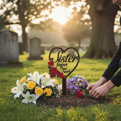 AIM & GGKK Memorial Stake for Sister - Metal Heart Grave Marker with Red Roses, Memorial Plaque Cemetery Decor for Grave, Garden, Gravesite