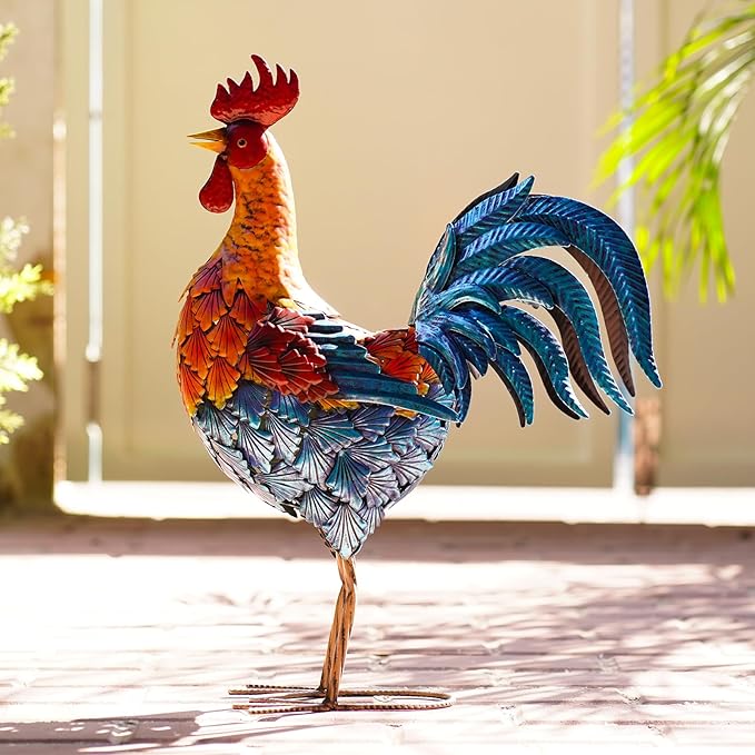 Goodeco Garden Rooster Outdoor Statue - 21 Inch Yard Decor, Perfect Gardening & Housewarming Gifts, Home and Outdoor Red Rooster Decor - Stylish Metal Design