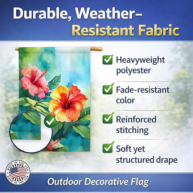 Caroline's Treasures Hawaii Hawaiian Hibiscus in Watercolor House Flag Large Porch Sleeve Pole Decorative Outside Yard Banner Artwork Wall Hanging, Polyester, House Size, Multicolor