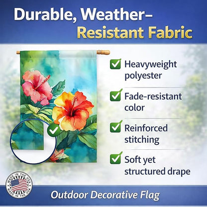 Caroline's Treasures Hawaii Hawaiian Hibiscus in Watercolor House Flag Large Porch Sleeve Pole Decorative Outside Yard Banner Artwork Wall Hanging, Polyester, House Size, Multicolor