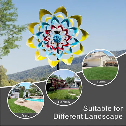Outdoor Wind Spinner with Garden Stake 82.7" Metal Two-Way Wind Sculptures Solar Color Changing Lights Large Windmills for Garden,Patio,Yard,Lawn Decor Gifts Flower