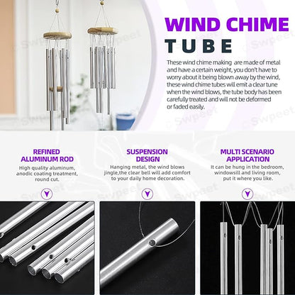 Swpeet 60Pcs Wind Chime Tubes Parts and Transparent Top Circles of Wind Chime with 100 Yard Wind Chime Wire and Swivel Hooks Clips Making