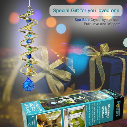 FONMY Gazing Ball Spiral Tail -Decorative Wind Spinner Sun Catcher Rainbow Maker Golden Double-Spiral W/Sea Blue Crystal Ball and Chain Crystals Beads for Indoor Outdoor Garden Decoration -14 inch H