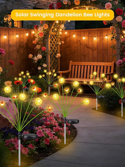 Solar Garden Lights Outdoor, 6 Pack 48 LED, Solar Swaying Dandelion Bee Lights Waterproof, Swaying Firefly Lights for Yard Pathway Lawn Patio Decorations, 2 modes (Steady on, Slow Twinkle), Warm White