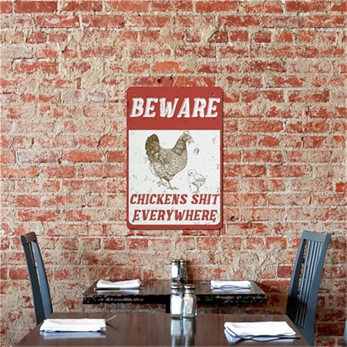QHOVPA Farm Yard Sign Lawn Sign Metal Sign, Beware Chickens Shit Everywhere Sign for Home Farmhouse or Business Use 8x12 inches Signage