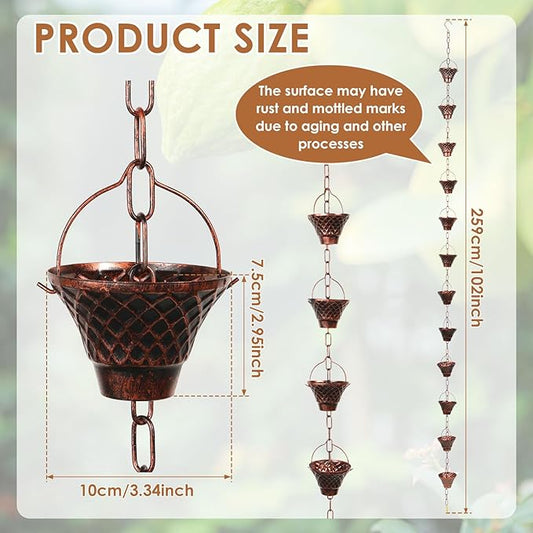 Gutter Chain, Rain Chain for Gutter, Downspout Decorative Metal Rain Catcher Diverter with Hook for Outside Windowsill Garden Patio Courtyard (Copper)