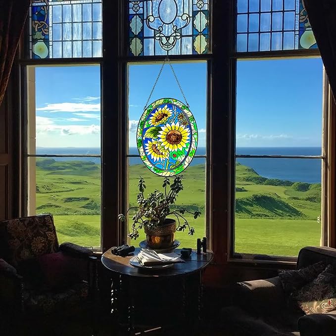 Sunflower Stained Glass Window Hanging Home Decor Suncatchers Indoor Window Gift for Mom Women Flower Lovers