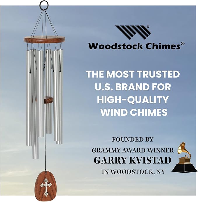 Woodstock Chimes Cross Wind Chime for Outside, Garden, Patio, Porch and Outdoor Decor (25'') Silver Amazing Grace Medium (AGMCR)